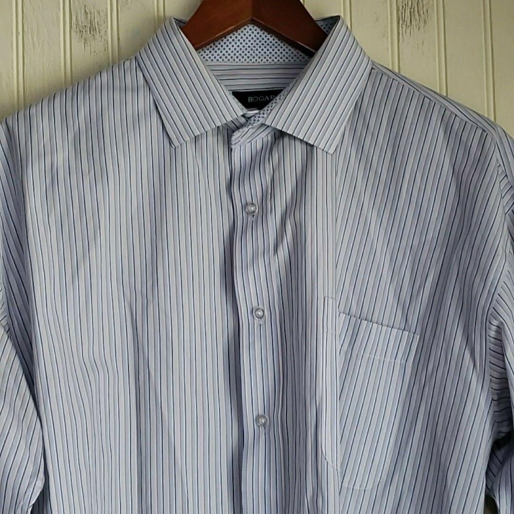 Bogari Dress Shirt Mens XL Blue Stripe Classic Fit Pocket Long Sleeve Woven
